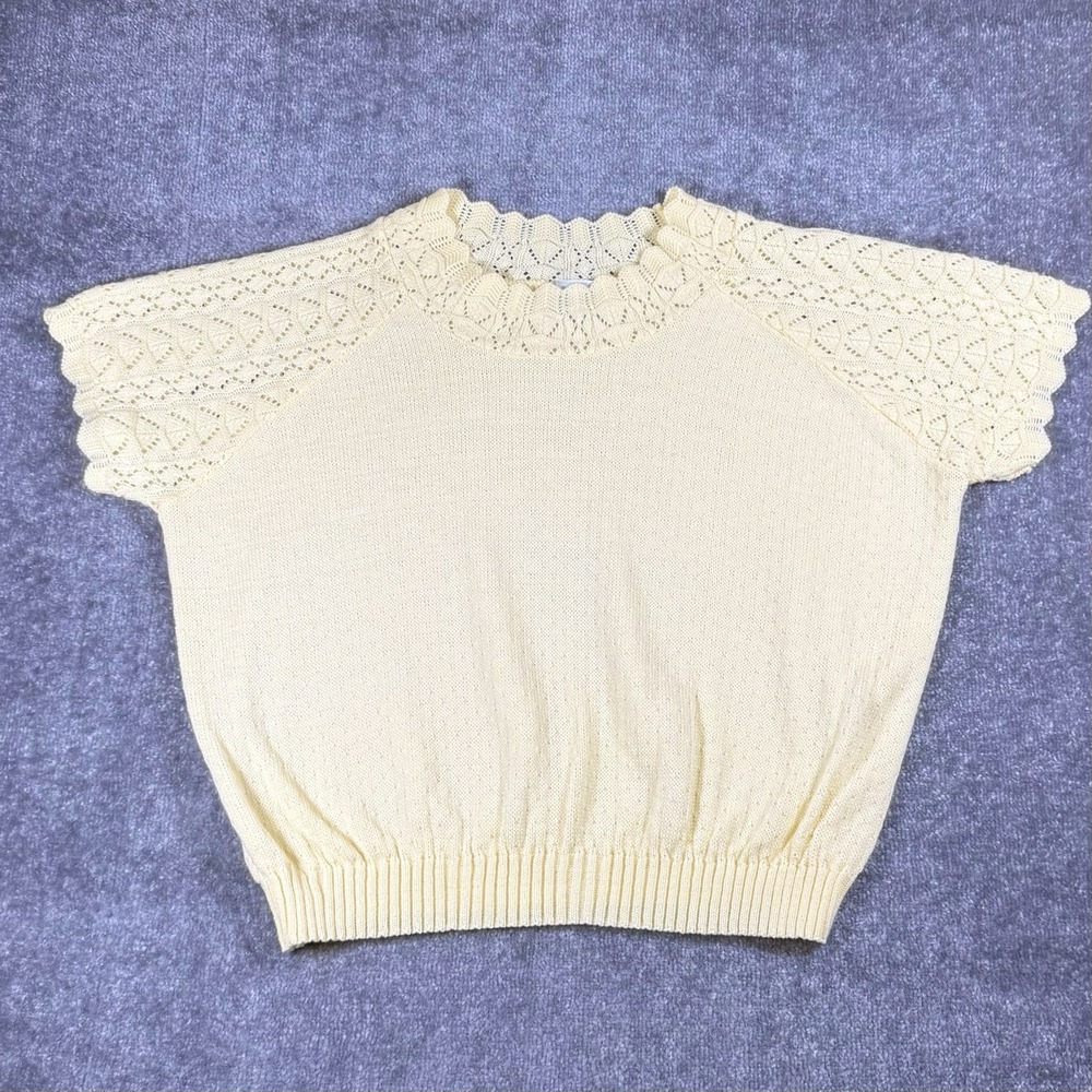 Vintage Haband Sweater Women's XL Yellow Pointelle Raglan Short Sleeve